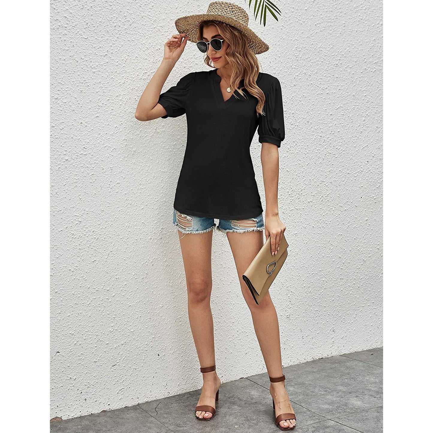 Romanstii Women Casual V-neck T-Shirts Loose Puff Short