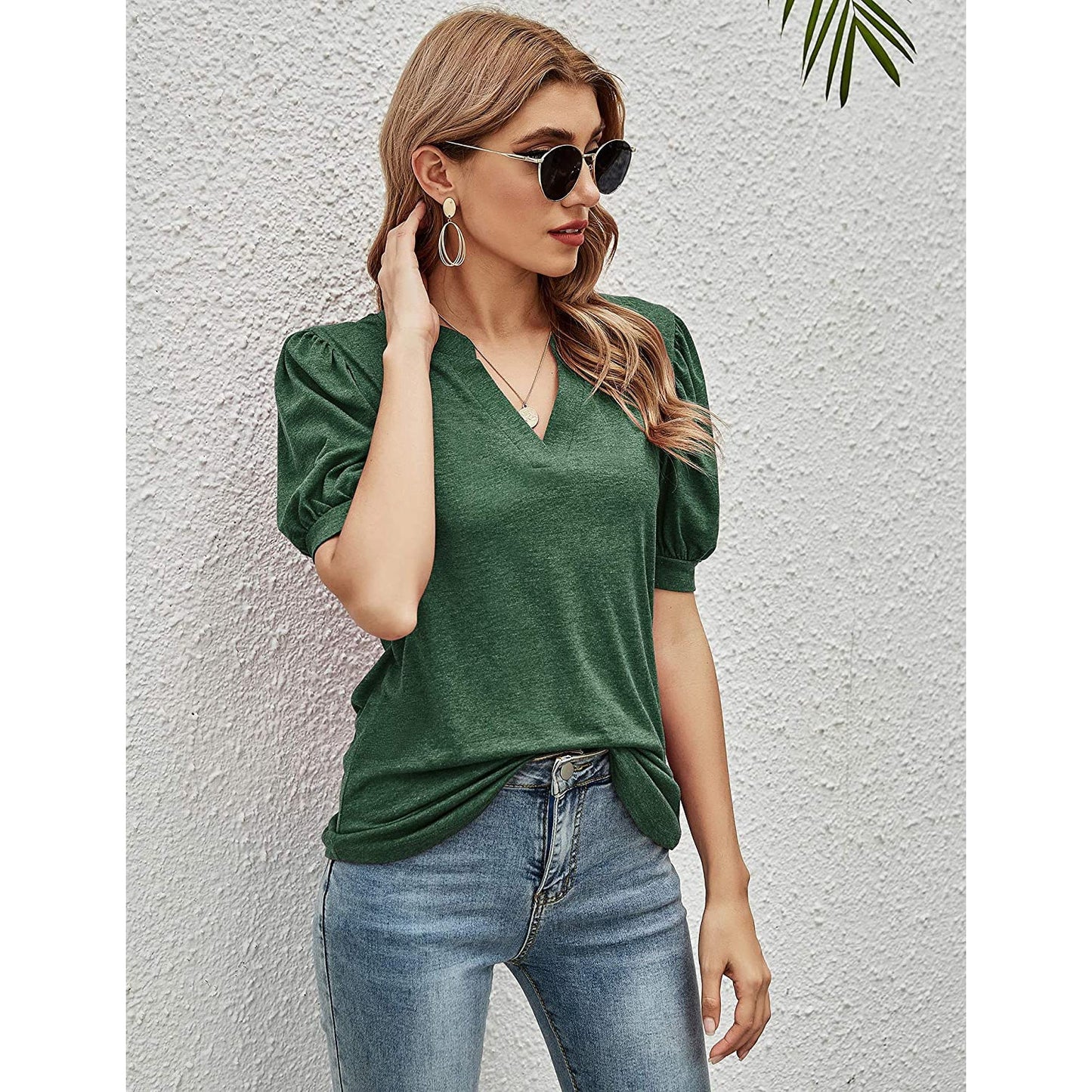Romanstii Women Casual V-neck T-Shirts Loose Puff Short