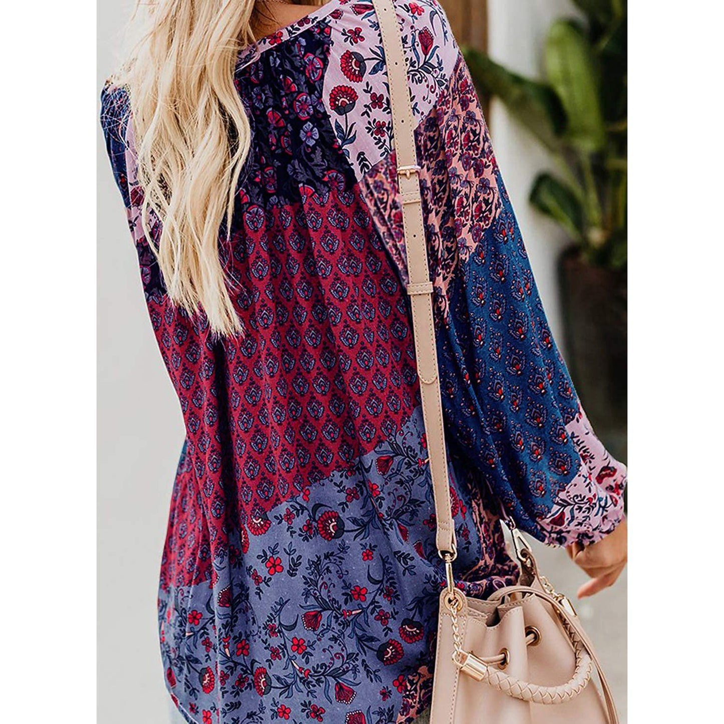 Women's Casual Boho Floral Print V Neck Long Sleeve Shirts Tops