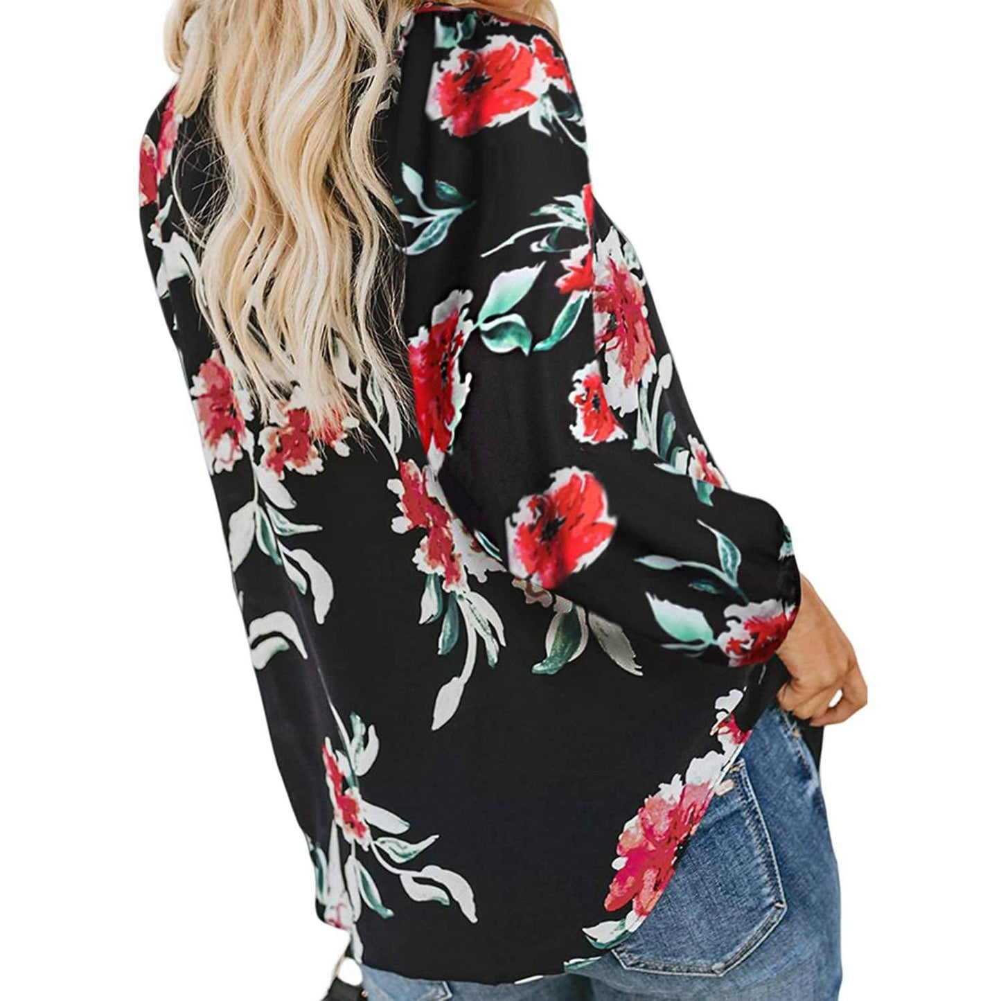 Women's Casual Boho Floral Print V Neck Long Sleeve Shirts Tops