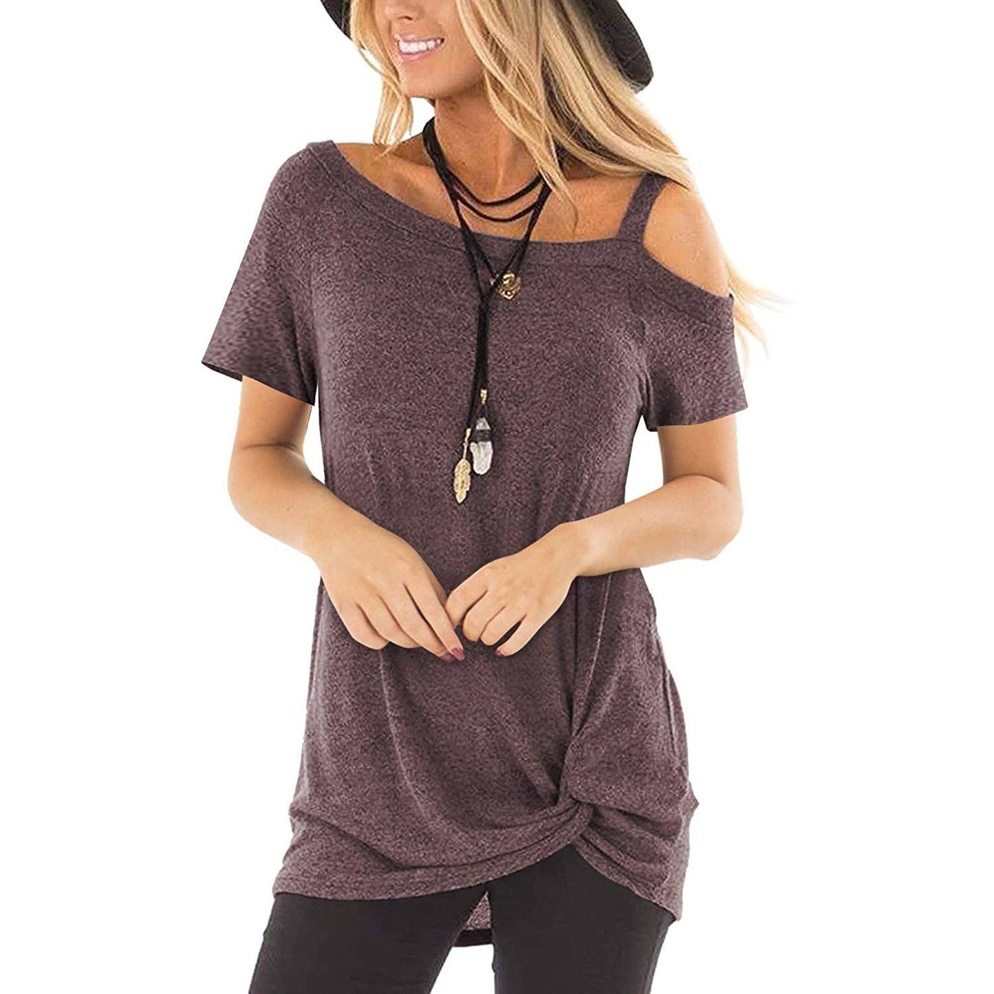 Women's Cold Shoulder Tops Summer Short Sleeve Casual Twist Knot Blouse T-Shirt